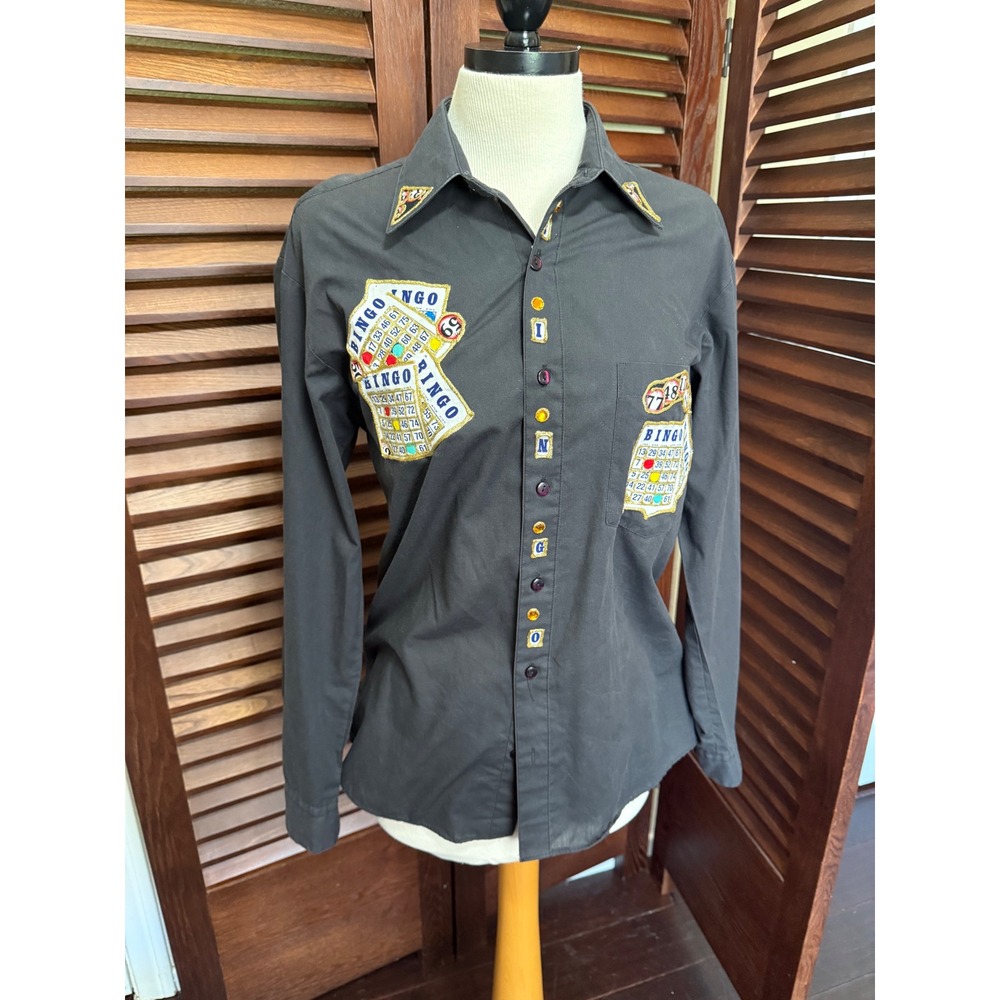 Get Lucky Bingo Embroidered Button Down Shirt Black Long Sleeve Small